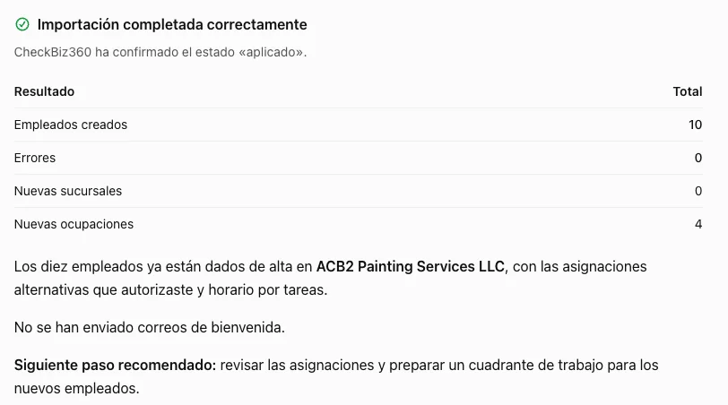 Respuesta del asistente tras confirmar una importación desde Excel: diez personas creadas, cero errores, cuatro ocupaciones nuevas y ninguna bienvenida enviada.