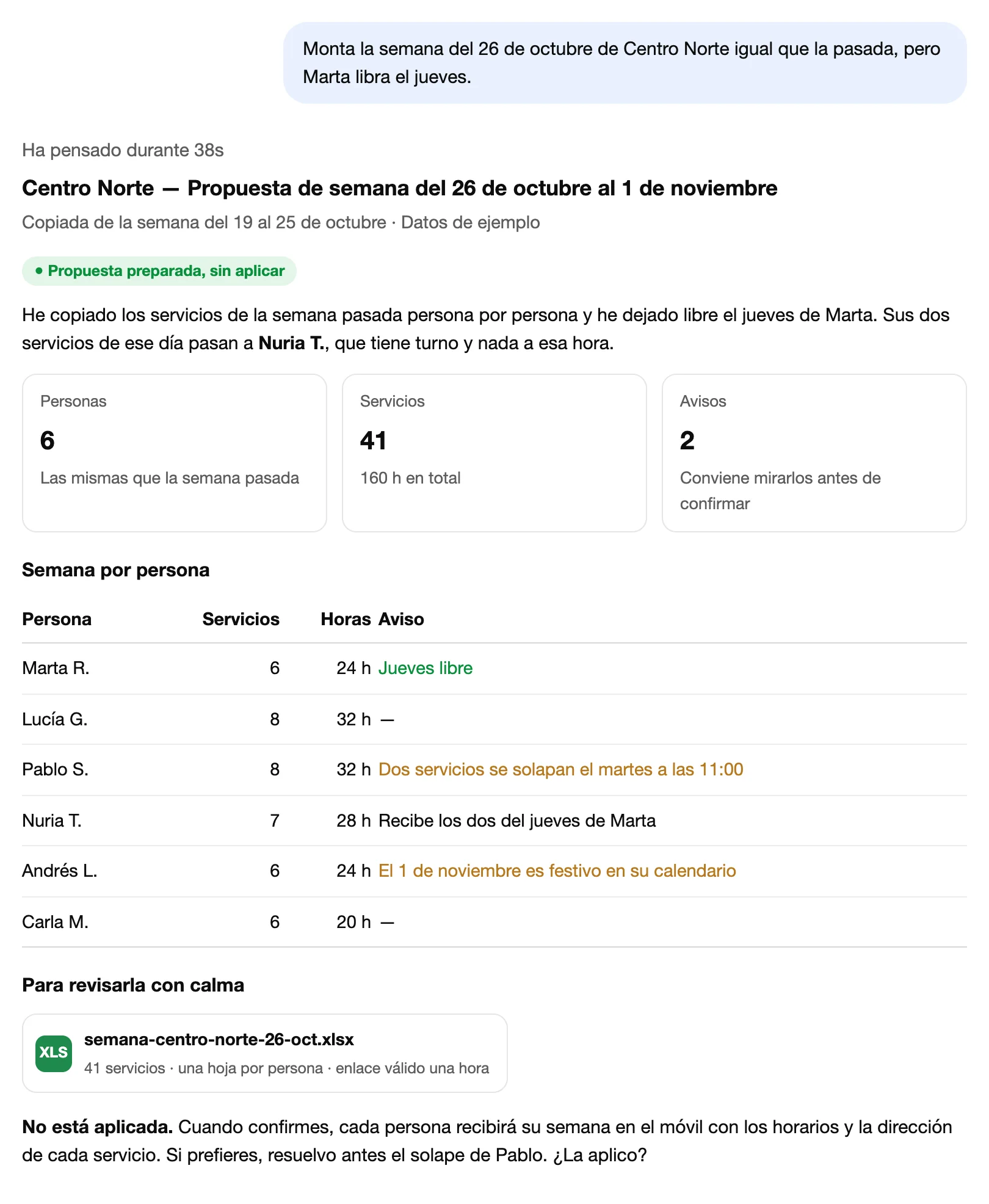 Conversación en la que el asistente propone la semana de cada persona, con avisos y un enlace a un Excel, antes de confirmar.