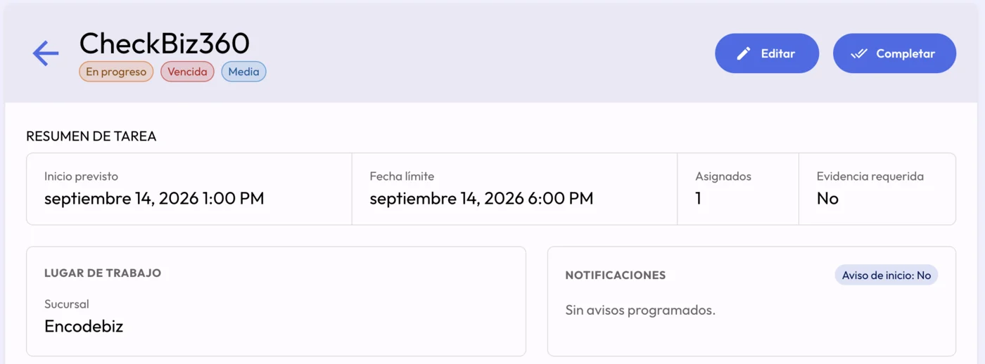 Detalle de una tarea en el backoffice de CheckBiz360: estado en progreso, plazo vencido y prioridad media, con el inicio previsto, la fecha límite, la sucursal y las acciones de editar y completar.
