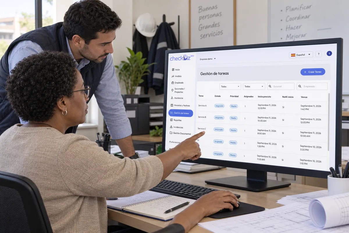 Dos responsables revisan en el backoffice de CheckBiz360 la gestión de tareas, con el estado, la prioridad, el inicio previsto y el vencimiento de cada una.