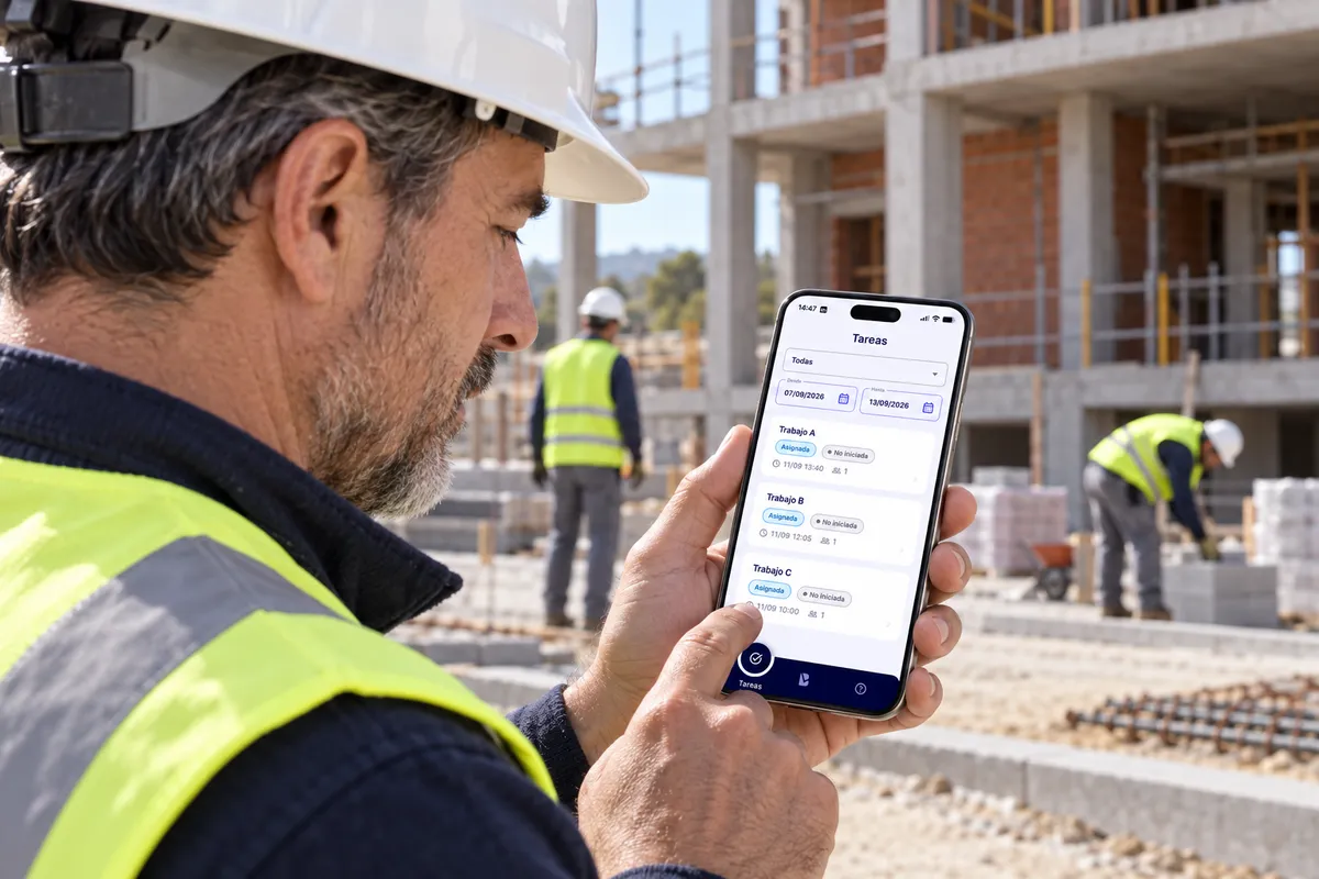Encargado de obra consultando en la app de CheckBiz360 las tareas asignadas de la semana, con su equipo trabajando al fondo.