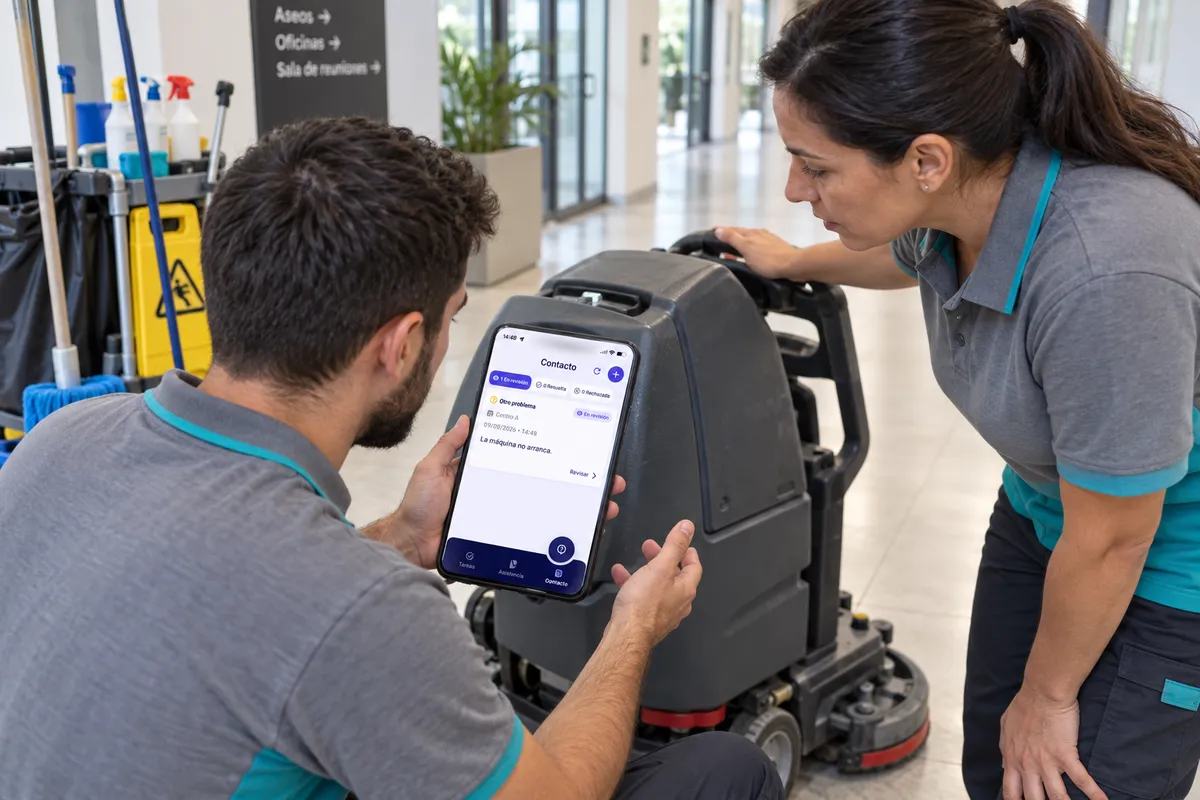 Dos operarios de limpieza consultan en la app de CheckBiz360 una incidencia en revisión abierta desde el centro: la máquina no arranca.
