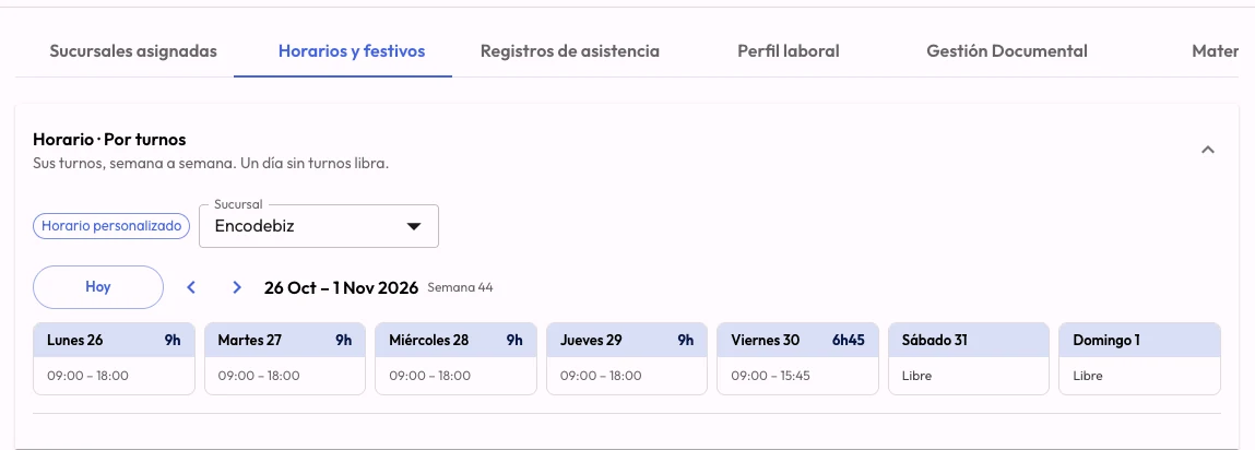 A person’s profile in CheckBiz360, Schedules & holidays tab: Schedule · By shifts, week of 26 October with 09:00 to 18:00 Monday to Thursday, 09:00 to 15:45 on Friday and Saturday and Sunday off.