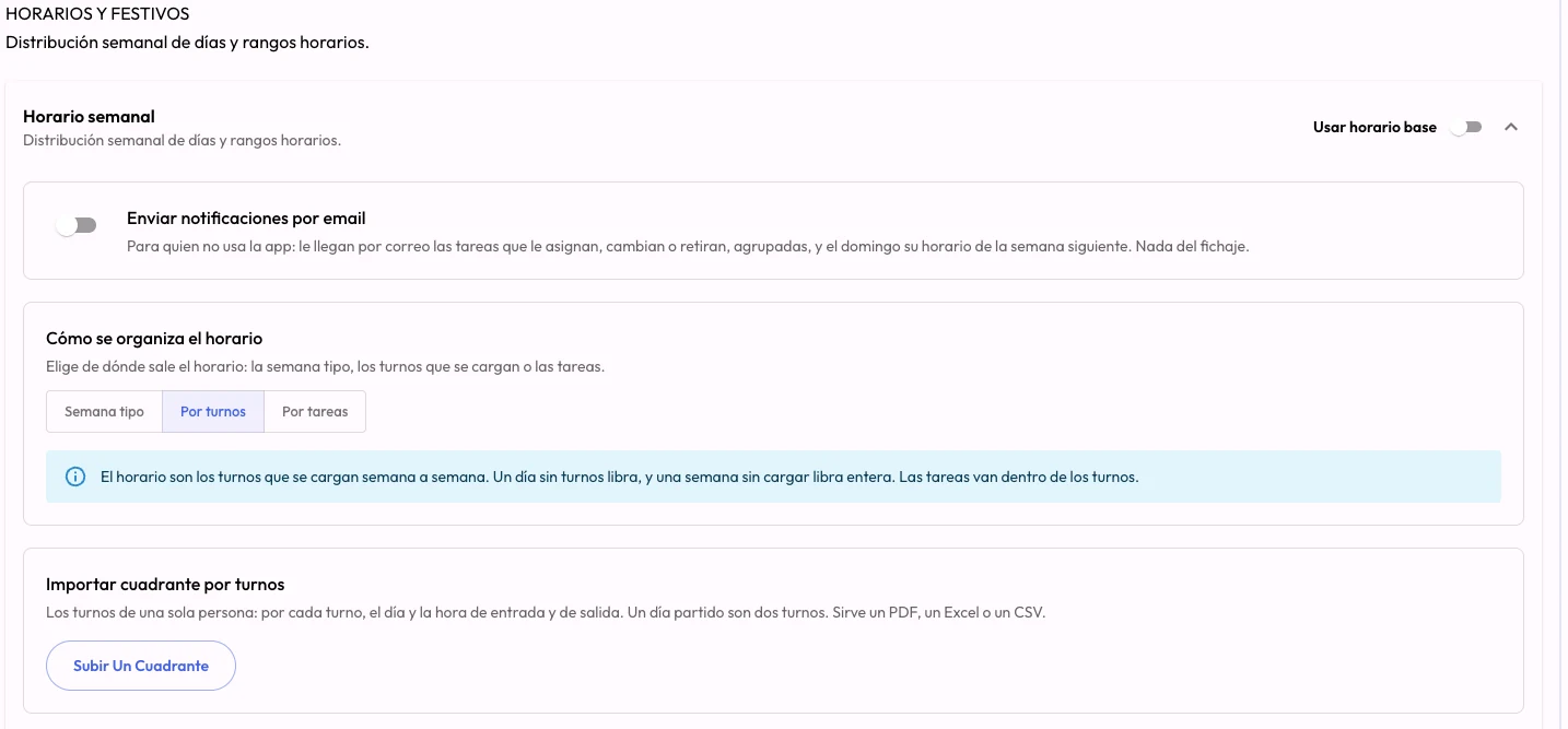 How the schedule is organised selector on a CheckBiz360 profile, with the Send notifications by email switch: for those not using the app, the tasks assigned, changed or removed and, on Sunday, their schedule for the following week.