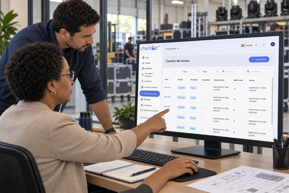 Dos responsables revisando en el backoffice de CheckBiz360 la gestión de tareas, con el estado, la prioridad, las personas asignadas, el inicio previsto y el vencimiento de cada tarea.