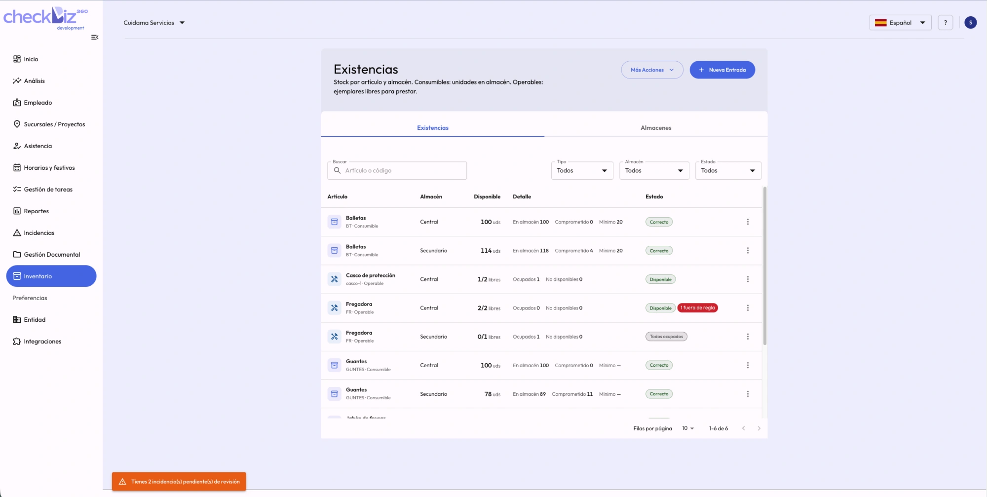 Existencias de consumibles y equipos por almacén en CheckBiz360