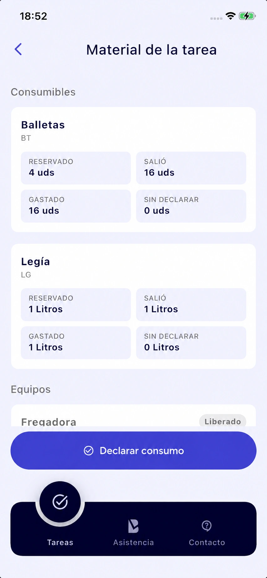 Material de la tarea con cantidades gastadas y pendientes de declarar