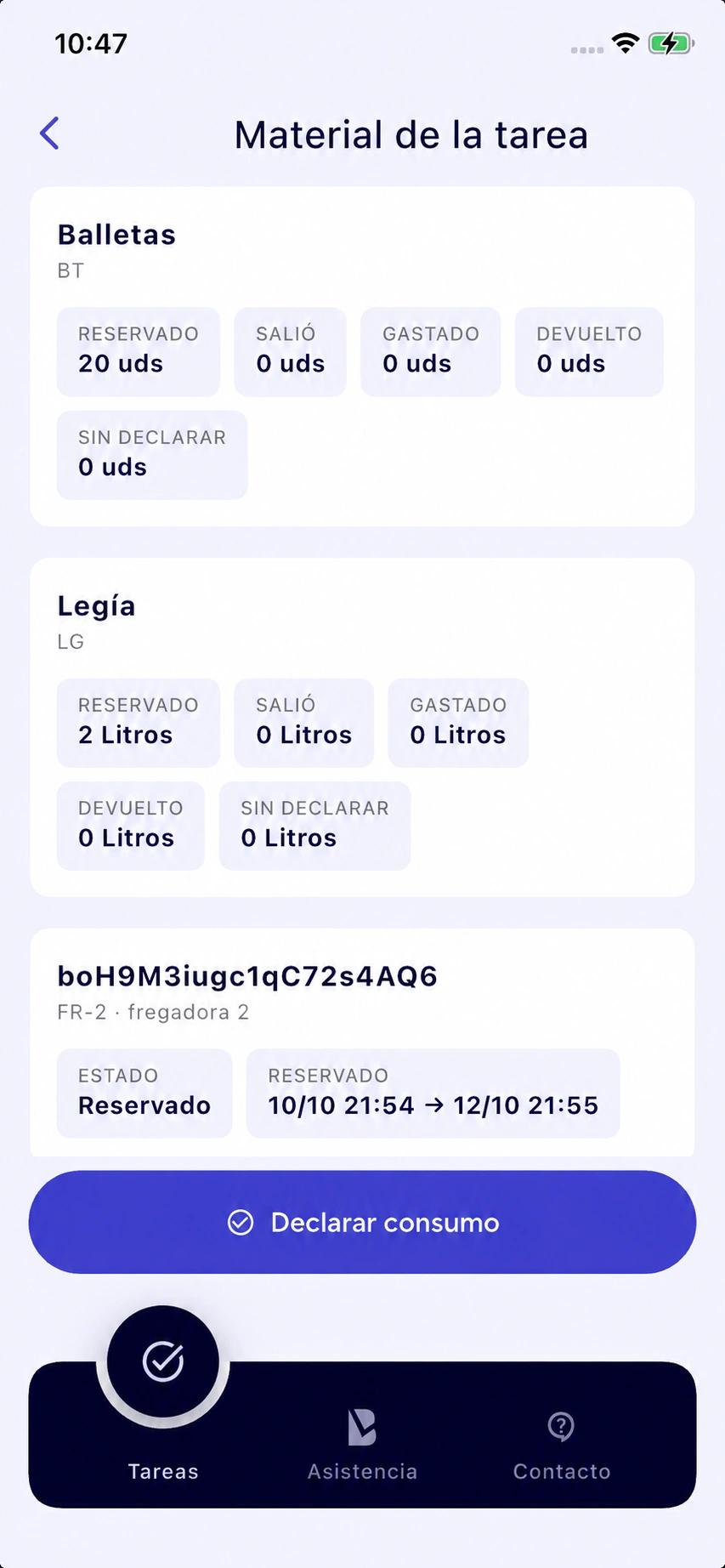 Material reservado en una tarea desde la aplicación móvil
