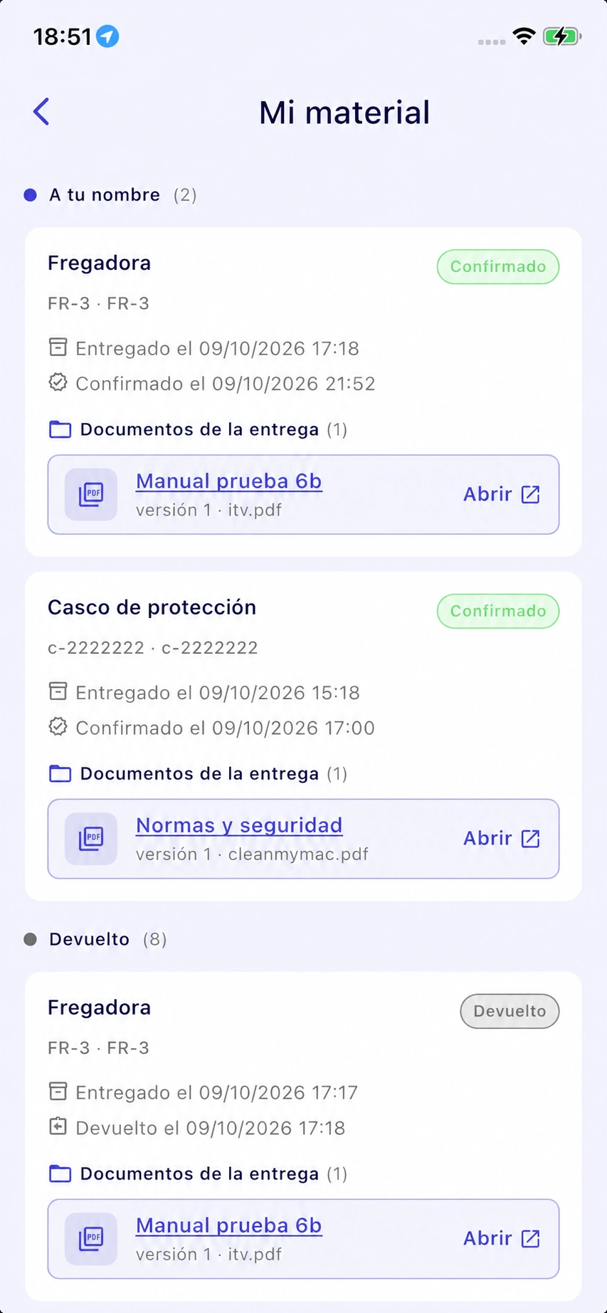 Mi material con equipos confirmados y documentos de entrega